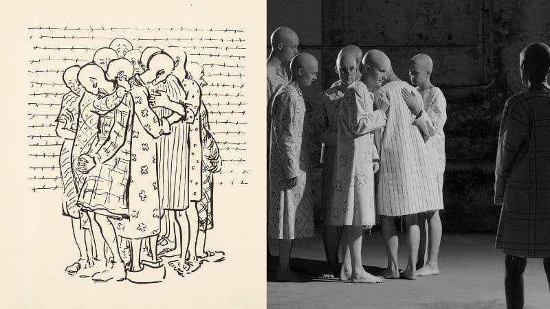 Ágnes Lukács: “Össebújva” (“Close together”, 1945/46) and Burkhard Schittny: Videostill from “Dignity – Tribute to Ágnes Lukács” (2021), © Burkhard Schittny
